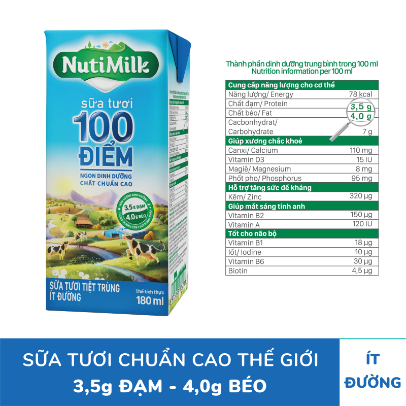 Thùng 48 Hộp NutiMilk Sữa tươi 100 điểm - Sữa tươi tiệt trùng Ít đường 180ml TU.STID180TI NUTIFOOD