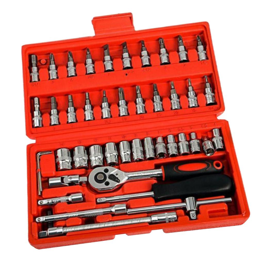 46 Chiếc 1/4-Inch Ổ Cắm Bộ Xe Công Cụ Sửa Chữa Ratchet Mô Men Xoắn Cờ Lê Combo