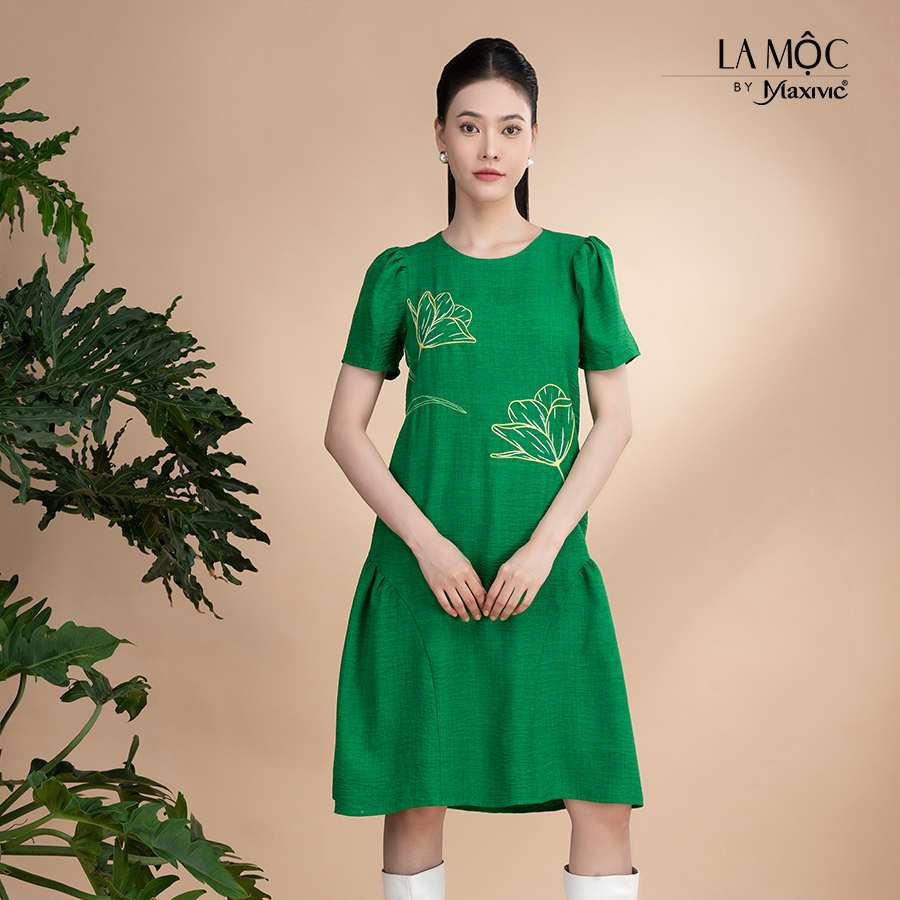 Đầm xô lụa xanh thêu tay phồng La Mộc LM022422