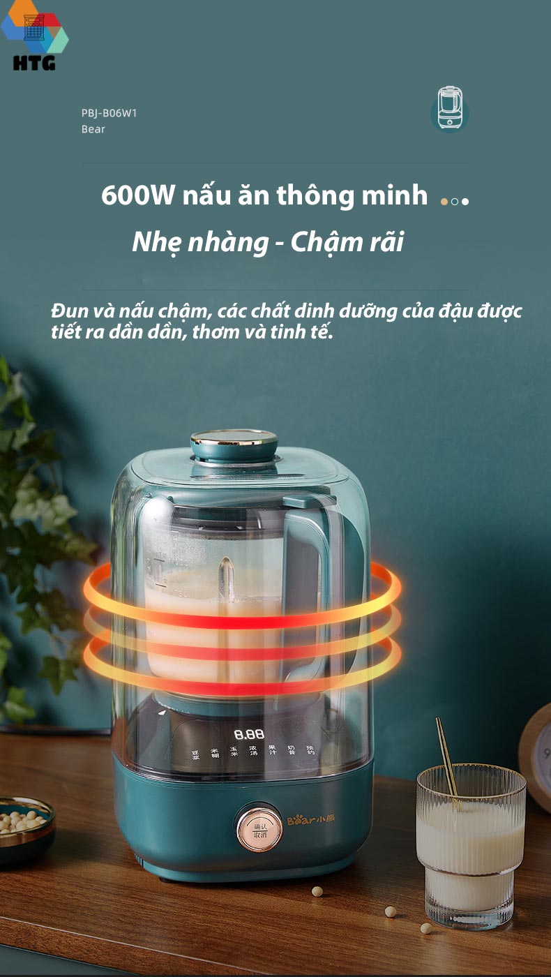 Máy Làm Sữa Hạt Cách Âm, Máy Xay Nấu Sữa Hạt BEAR PBJ-B06W1 Dung Tích 1 Lít Công Suất 1000 W - Hàng Nhập Khẩu