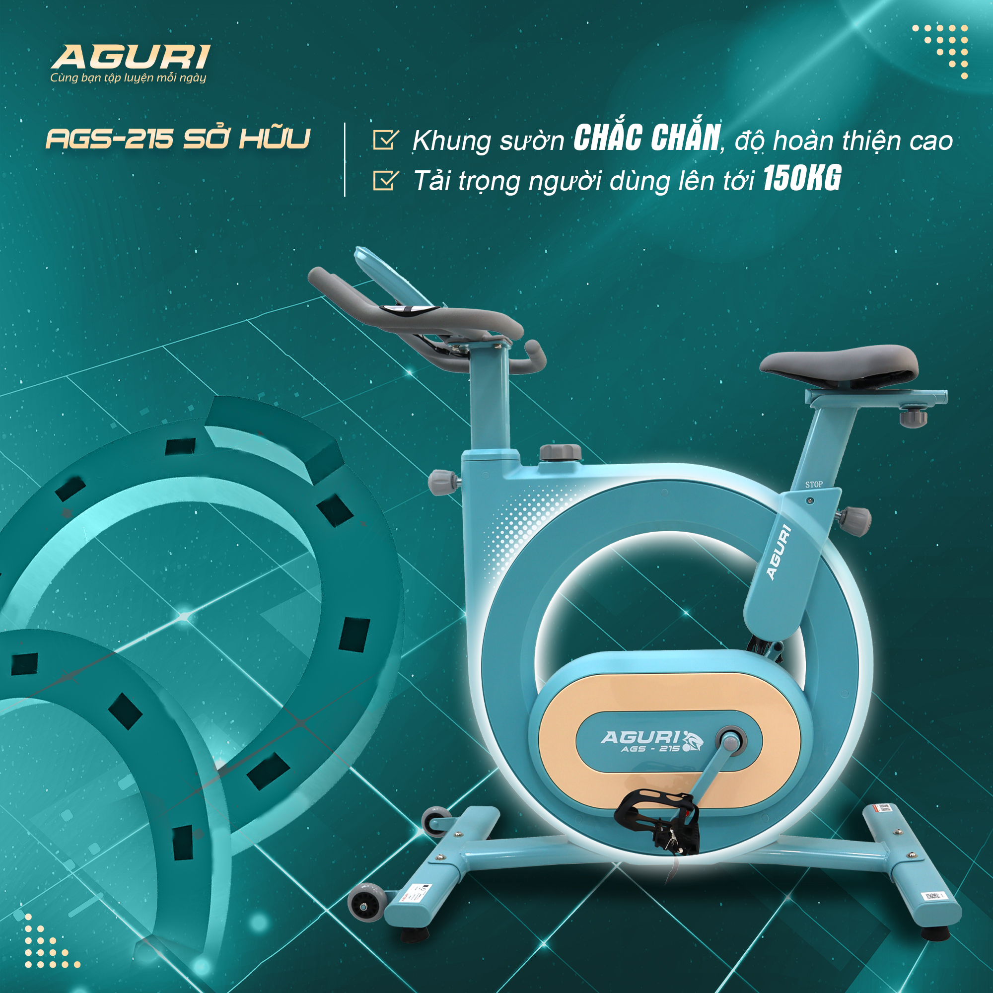 Xe đạp tập tại nhà AGS-215 khung sườn vững chãi, tay cầm đa chấu, đồng hồ thông minh, vòng bi NBK Nhật, tải trọng 150kg