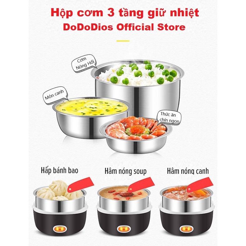 hộp cơm giữ nhiệt cắm điện 3 tầng, chất liệu inox 304 an toàn - Chính hãng DoDoDios