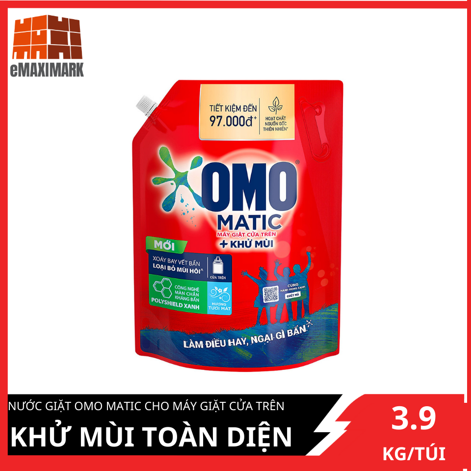 Nước giặt OMO Matic cho máy giặt cửa trên khử mùi toàn diện túi 3.9kg