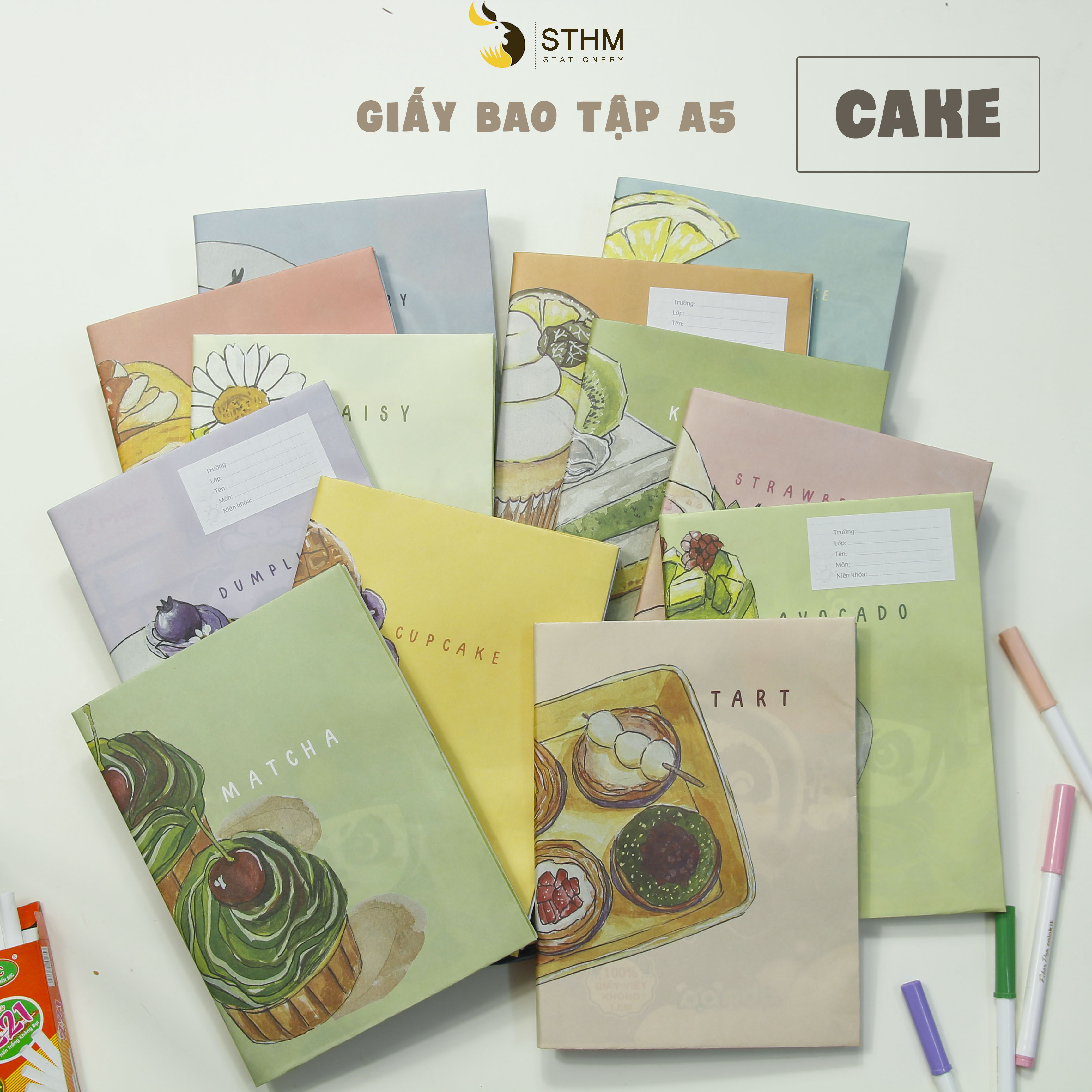 - Giấy bao tập A5 - Cake - Kraft trắng 100gsm - Tặng kèm nhãn vở