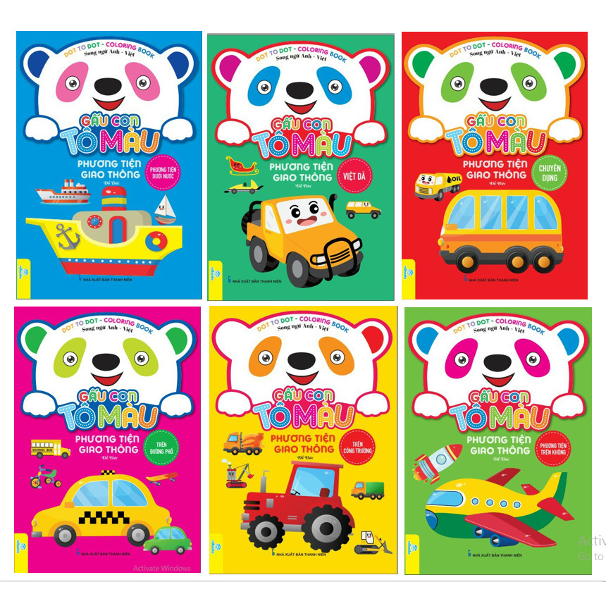 Sách - Combo 6 Cuốn Gấu Con Tô Màu: Phương Tiện Giao Thông (Song ngữ Anh Việt) và Bộ 8 bút sáp màu Wax Crayons - ndbo