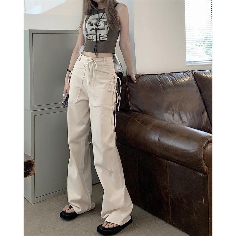 Quần KaKi Lưng Cao Phối Dây, Quần Túi Hộp Cargo Pants Có Túi Dáng Rộng Phong cách Retro cá tính Unisex