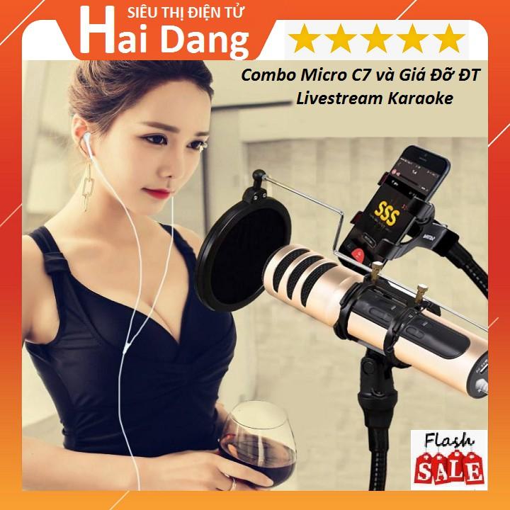 Combo Mic Livestream Karaoke, Mic Thu Âm Chất Lượng Cao C7, Giá Đỡ Điện Thoại Livestream Kèm Đèn Led