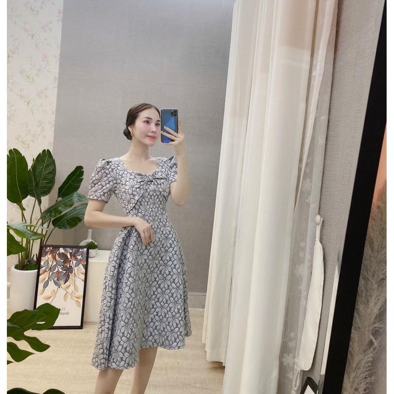 Váy đầm gấm vân nổi xoè nơ ngực tiểu thư uzzlang dự tiệc