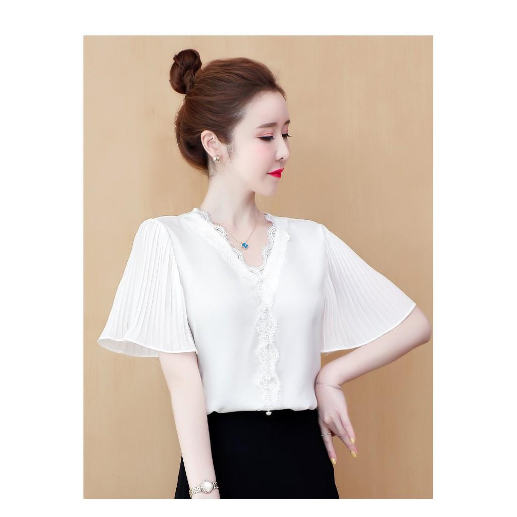 Áo sơ mi cổ v tay cánh tiên-áo sơ mi nữ điệu đà