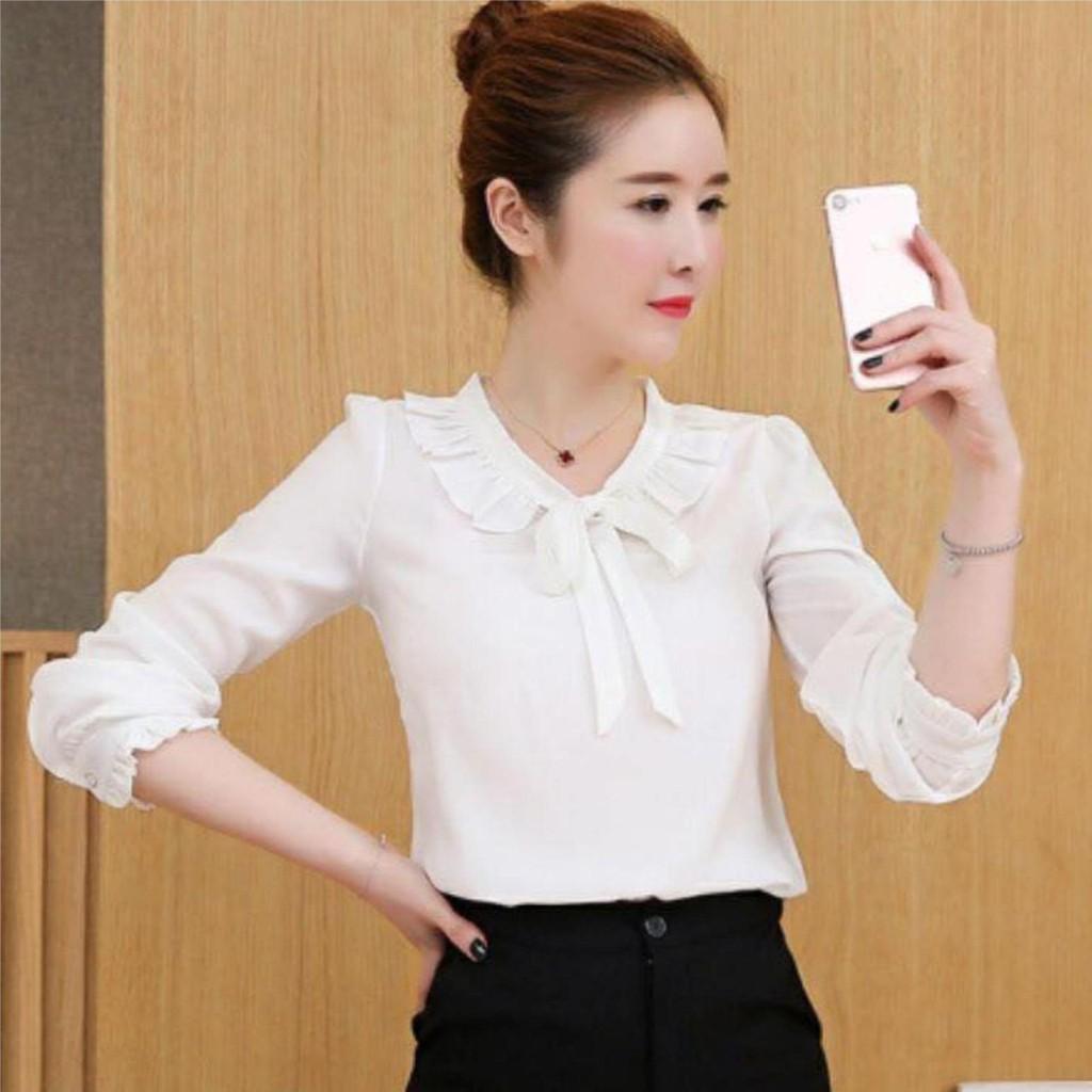 Áo công sở tay dai cổ xếp bèo cột nơ hồng pate