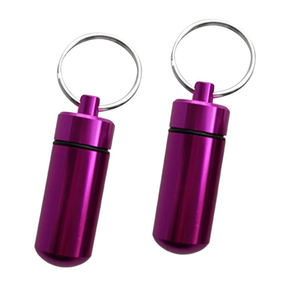 2 Pieces Waterproof Aluminium Pill Storage Box Case Keychain Keyring Purple