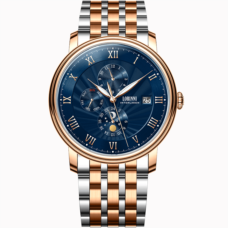 Đồng hồ nam LOBINNI Ref.1023-12 Chính Hãng Thụy Sỹ Kính sapphire nguyên khối ,chống xước,chống nước 50m ,mặt xanh navy vỏ vàng hồng dây kim loại thép không gỉ 316L ,Đồng hồ cơ  ,BH 24 tháng,thiết kế sun and moon sang trọng
