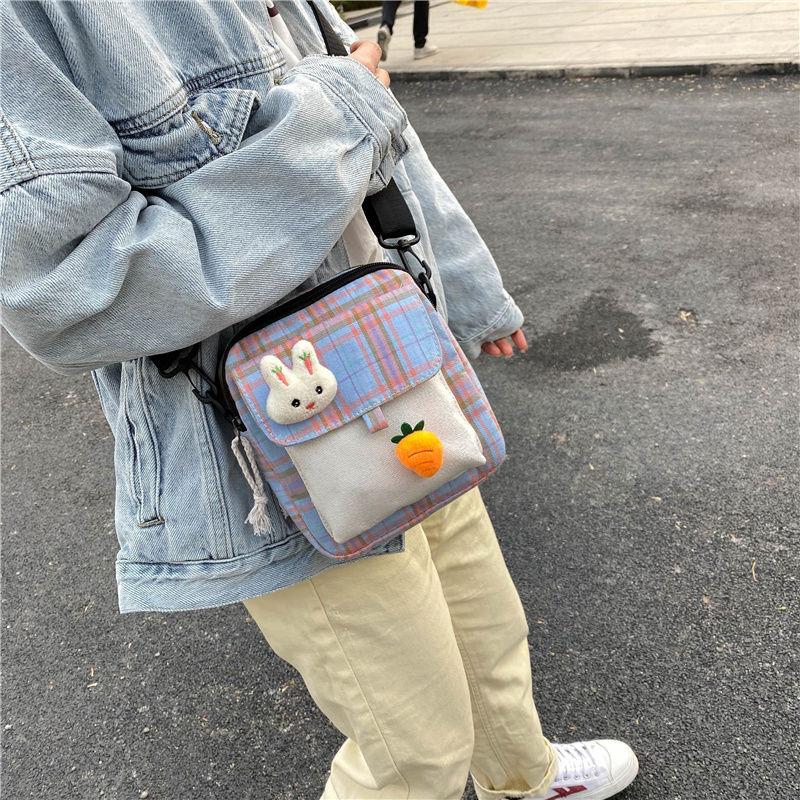 Canvas Bag All-Match Messenger Bag Cartoon Cute Plaid Shoulder Bag Fashion