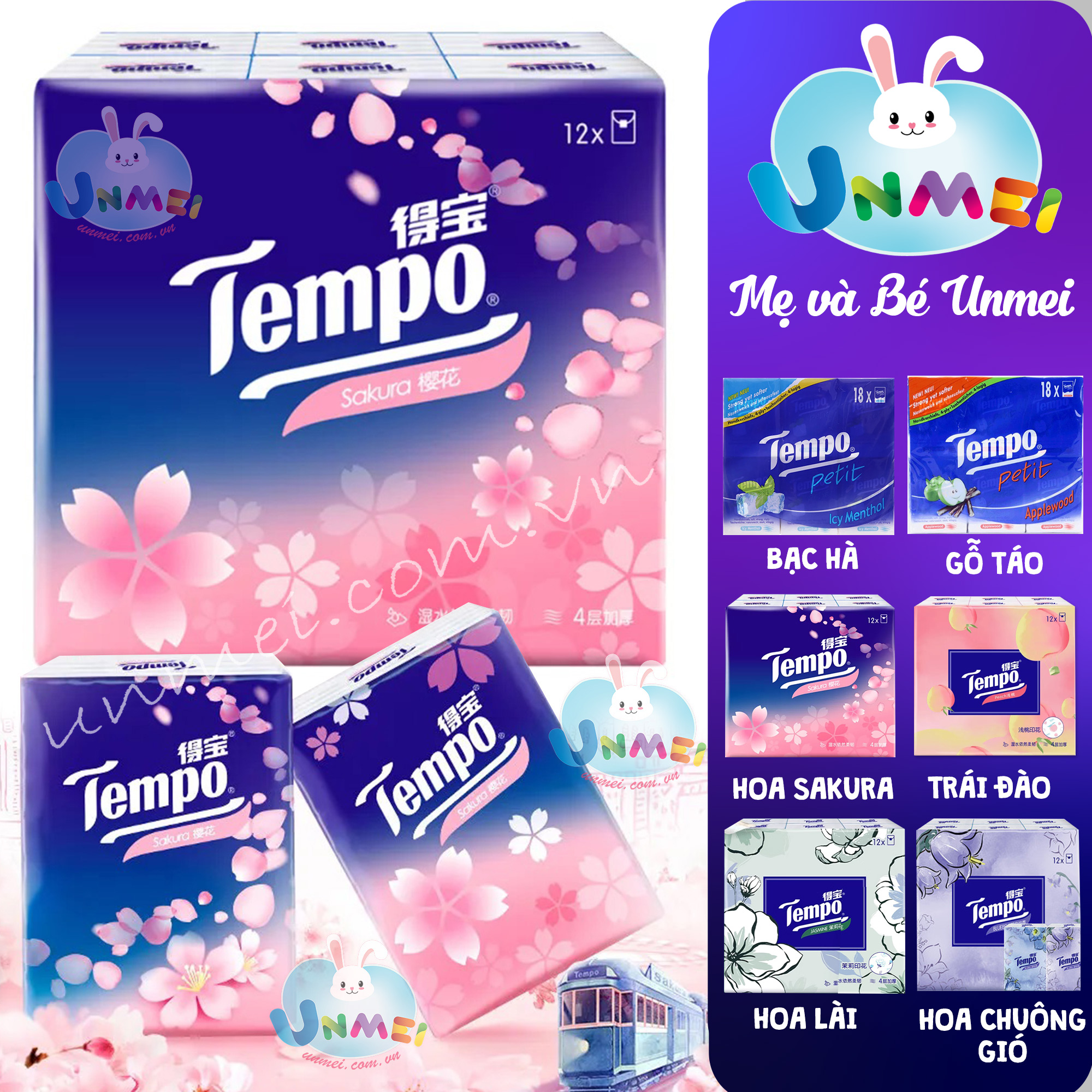 Tempo - Khăn GiấyBỏ túi Tempo Petit Cao Cấp Bạc Hà/Gỗ Táo/Sakura tặng 1 khăn sữa cao cấp thương hiệu Unmei