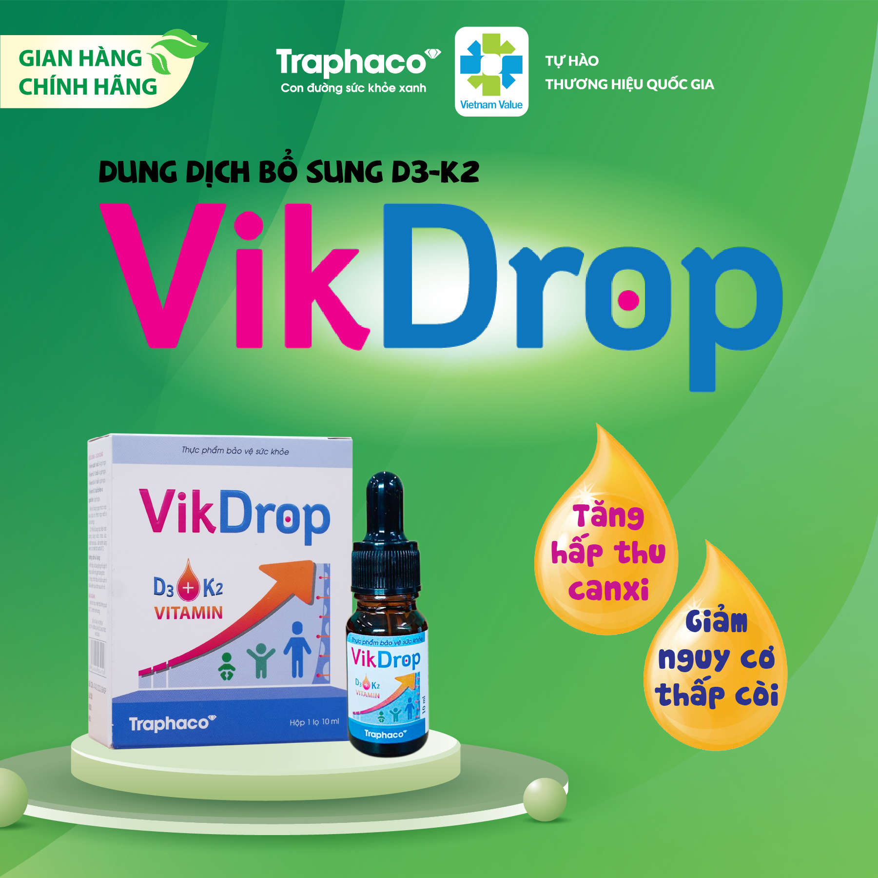 VIKDROP- TĂNG CƯỜNG HẤP THU CANXI, GIẢM NGUY CƠ CÒI XƯƠNG Ở TRẺ EM. HỘP 1 LỌ 10ml