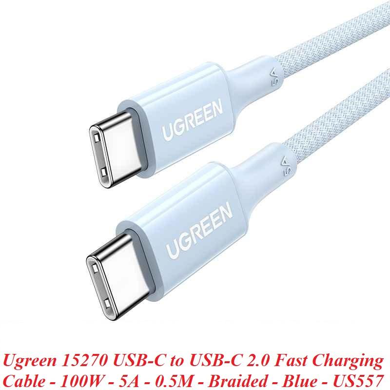 Ugreen UG15270US557TK 100W 0.5M C-C hỗ trợ QC4.0 5A Cáp sạc nhanh - truyền dữ liệu 2 đầu USB-C dây bọc dù Màu Xanh - HÀNG CHÍNH HÃNG