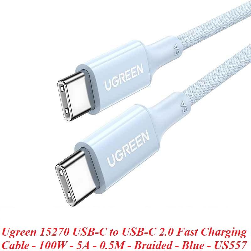 Ugreen UG15270US557TK 100W 0.5M C-C hỗ trợ QC4.0 5A Cáp sạc nhanh - truyền dữ liệu 2 đầu USB-C dây bọc dù Màu Xanh - HÀNG CHÍNH HÃNG