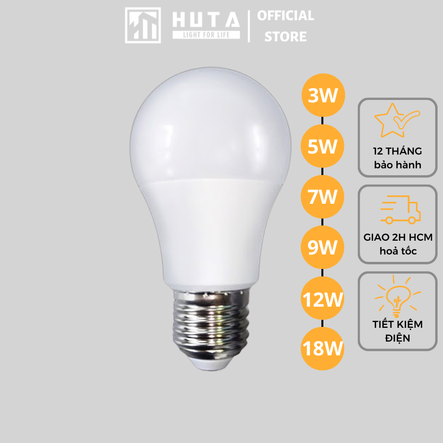 Bóng Đèn Led Bulb HUTA Đuôi E27, Tiết Kiệm Điện, Chống Nước, Ánh Sáng Trắng/Vàng, Công Suất 3w/5w/7w/9w/12w/18w, Trang Trí Quán Cà Phê, Nhà Hàng