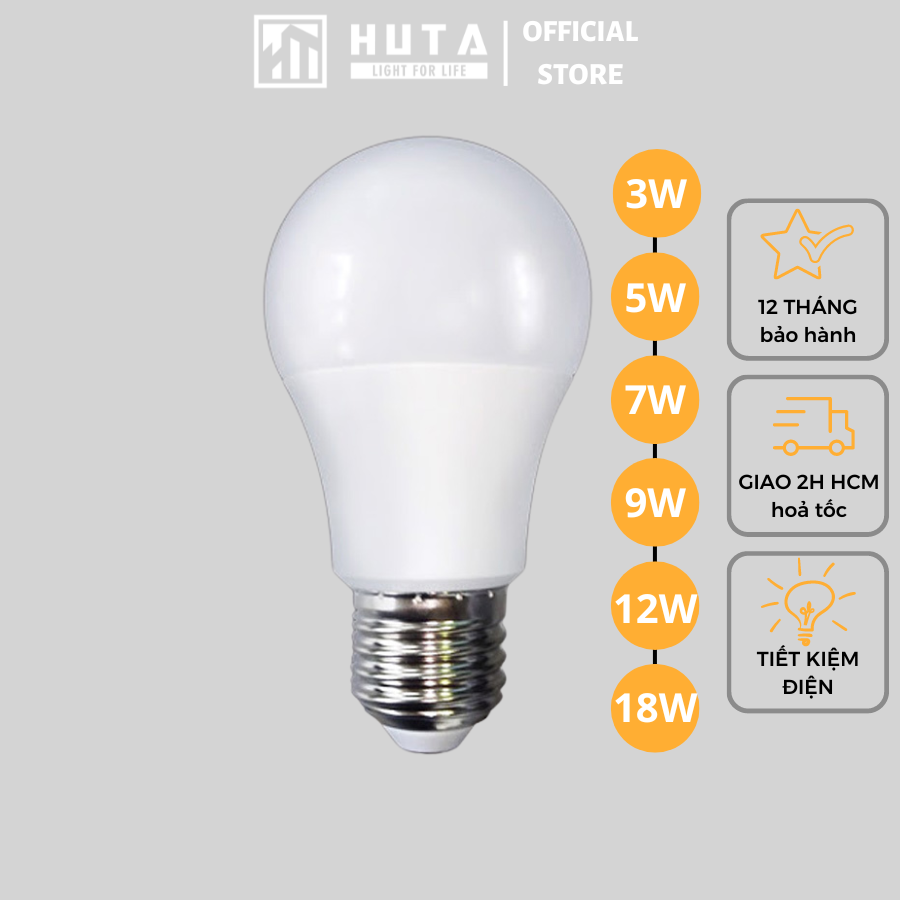 Bóng Đèn Led Bulb Huta Đuôi E27, Tiết Kiệm Điện, Chống Nước, Ánh Sáng Trắngvàng, Công Suất 3W5W7W9W12W18W, Trang Trí Quán Cà Phê, Nhà Hàng - Trắng - 18W