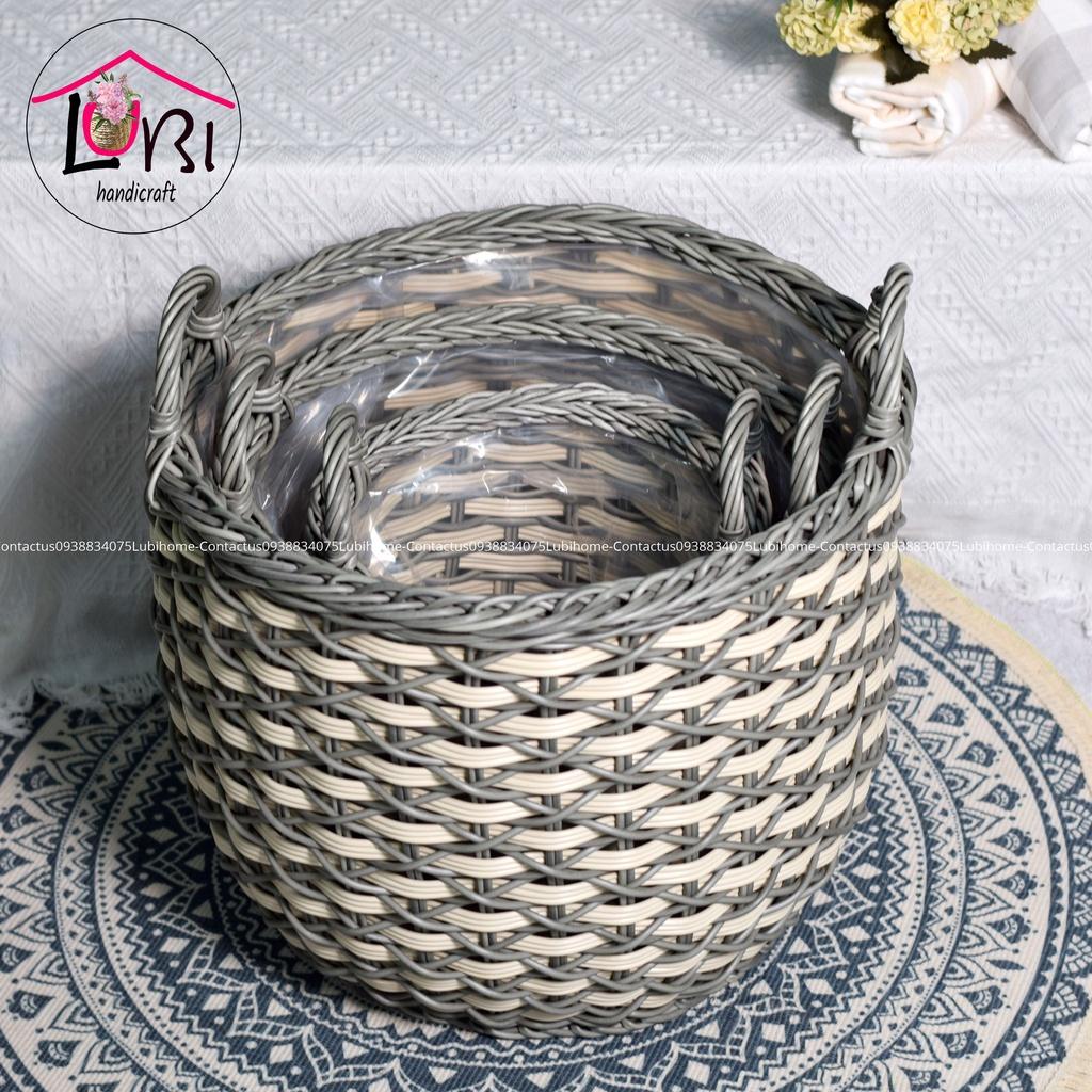 Lubihandicraft - Sọt đựng đồ tròn đan dây nhựa thắt chữ X cao cấp - bền, sang trọng