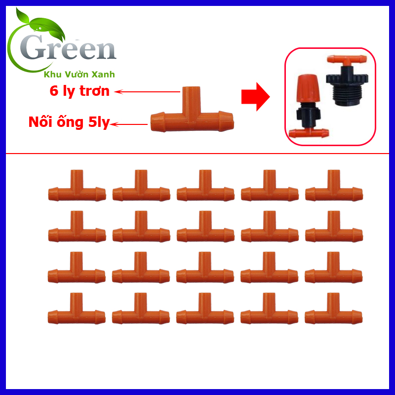 Combo 20 Cái T Nối 2 Đầu 5 Ly, Đầu Ra 6 Ly Màu Cam Dùng Cho Tưới Nhỏ Giọt, Tưới Phun Sương
