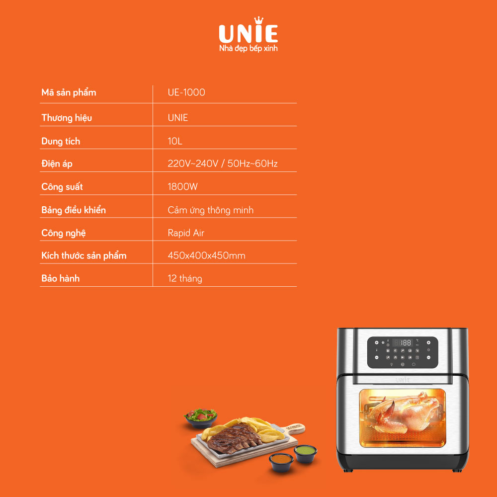Nồi chiên không dầu UNIE UE-1000 dung tích 10L công suất 1800W - Hàng chính hãng