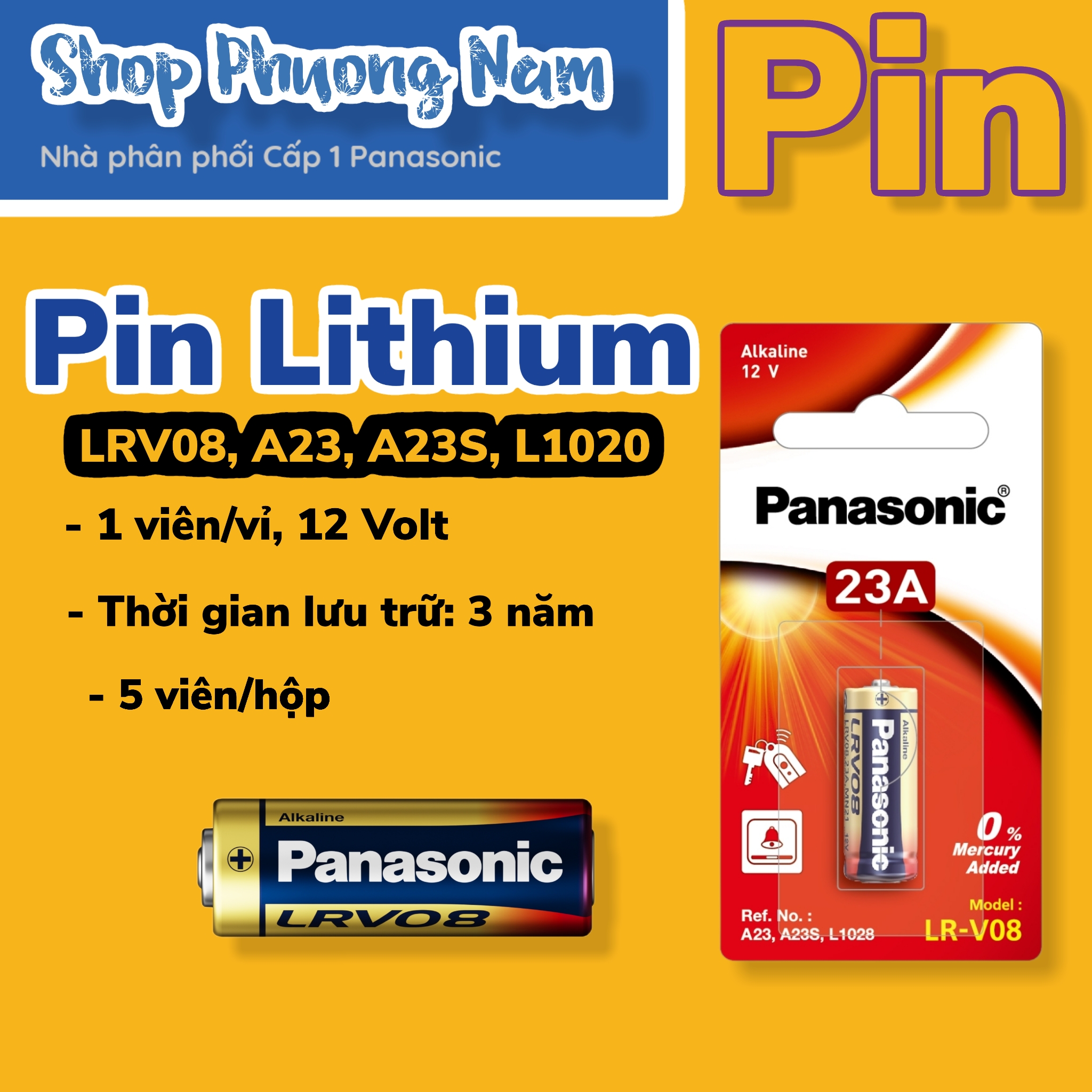 Hộp Gồm 5 Vỉ Pin Kiềm Siêu Nhỏ A23 12V Panasonic Lr - V08T1B Hàng Chính Hãng