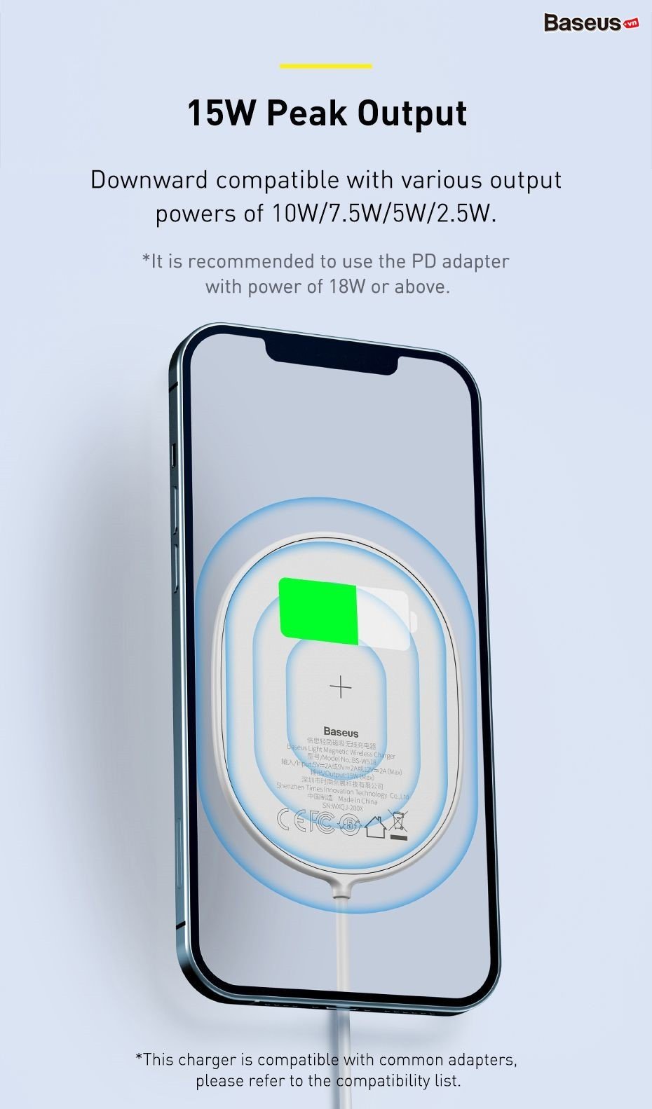 Đế sạc nhanh không dây 15W Baseus Light Magnetic Wireless Charger cho iPhone 12/11/XS Max và Android - hàng chính hãng