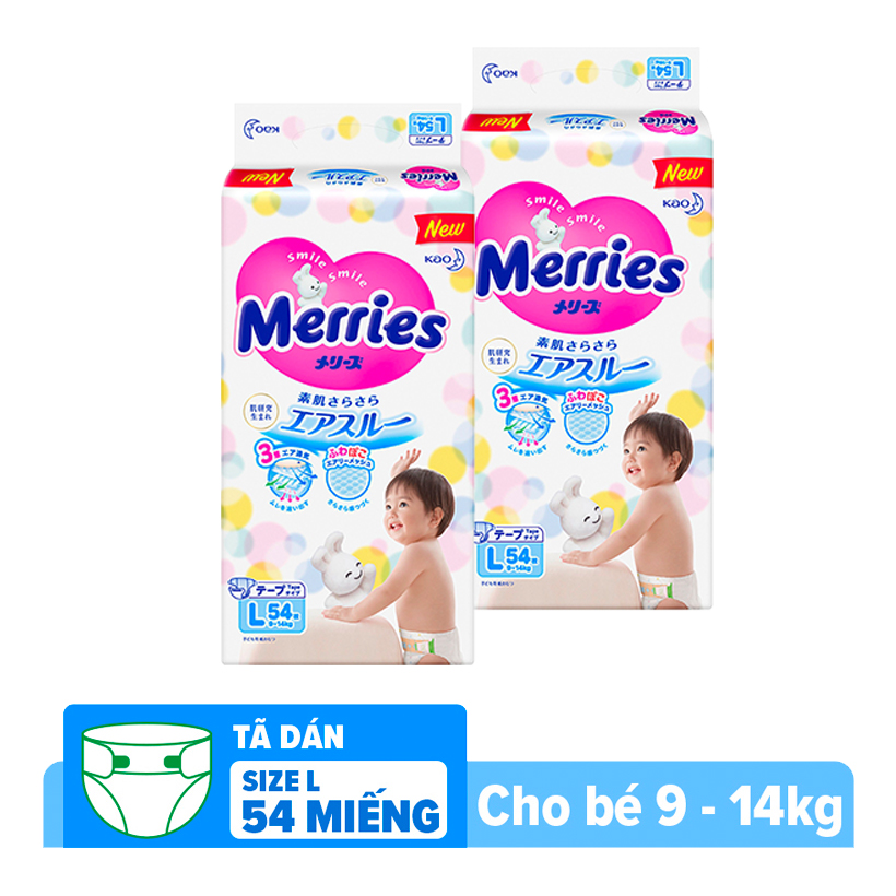 Combo 2 Tã/bỉm dán Merries size L - 54 miếng (Cho bé 9-14 kg)