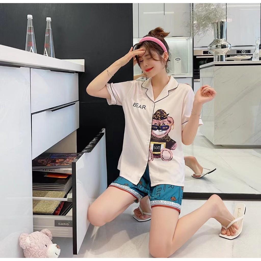 Bộ ngủ Pijama lụa cao cấp in hình gấu dễ thương