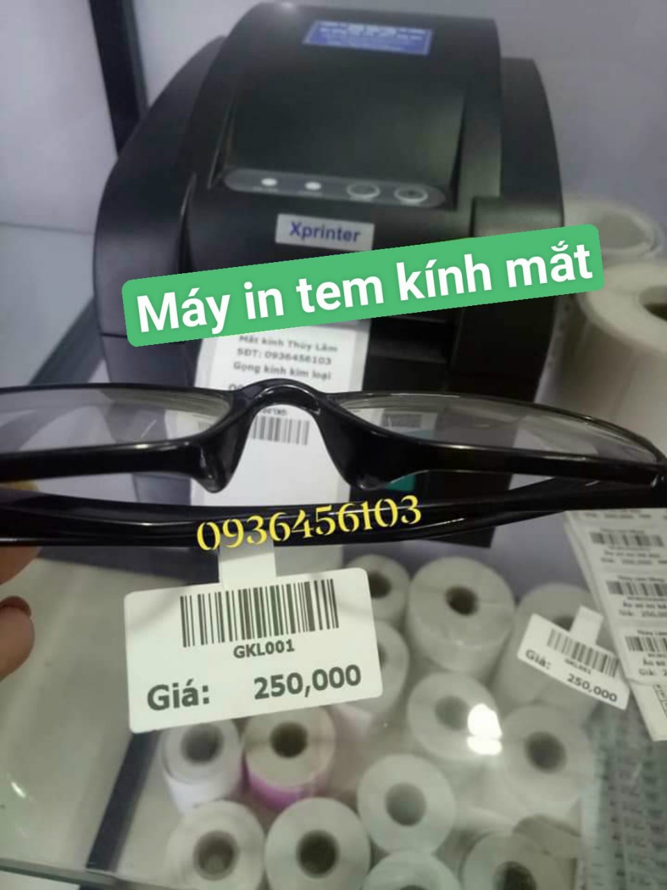 Giấy in tem kính mắt cho máy in tem nhiệt Xprinter XP 350B, Tem gọng kính - Giấy in nhiệt cuộn 30m