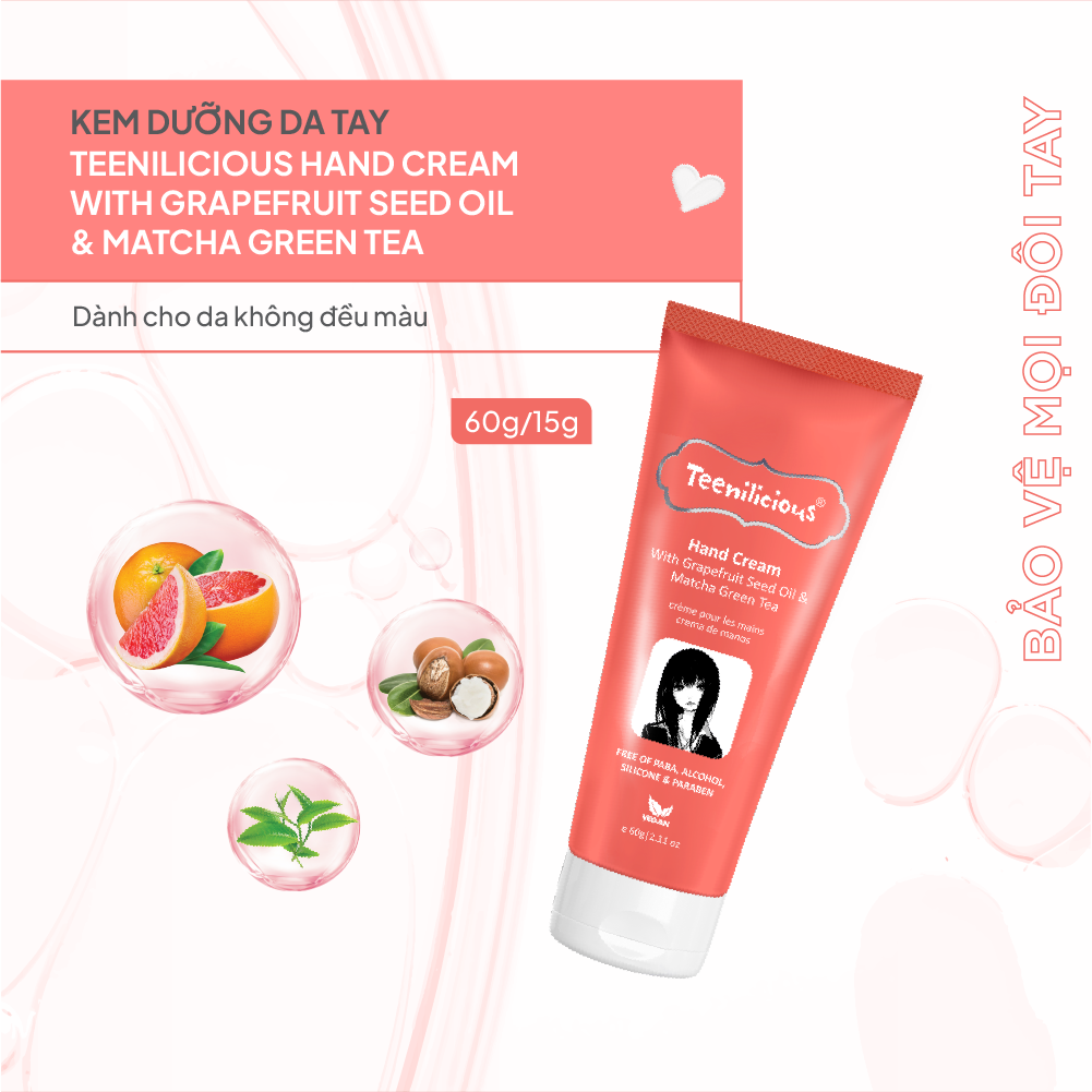 Kem Dưỡng Da Tay Teenilicious Hand Cream With Grapefruit Seed Oil &amp; Matcha Green Tea Giúp Dưỡng Ẩm Da 60g
