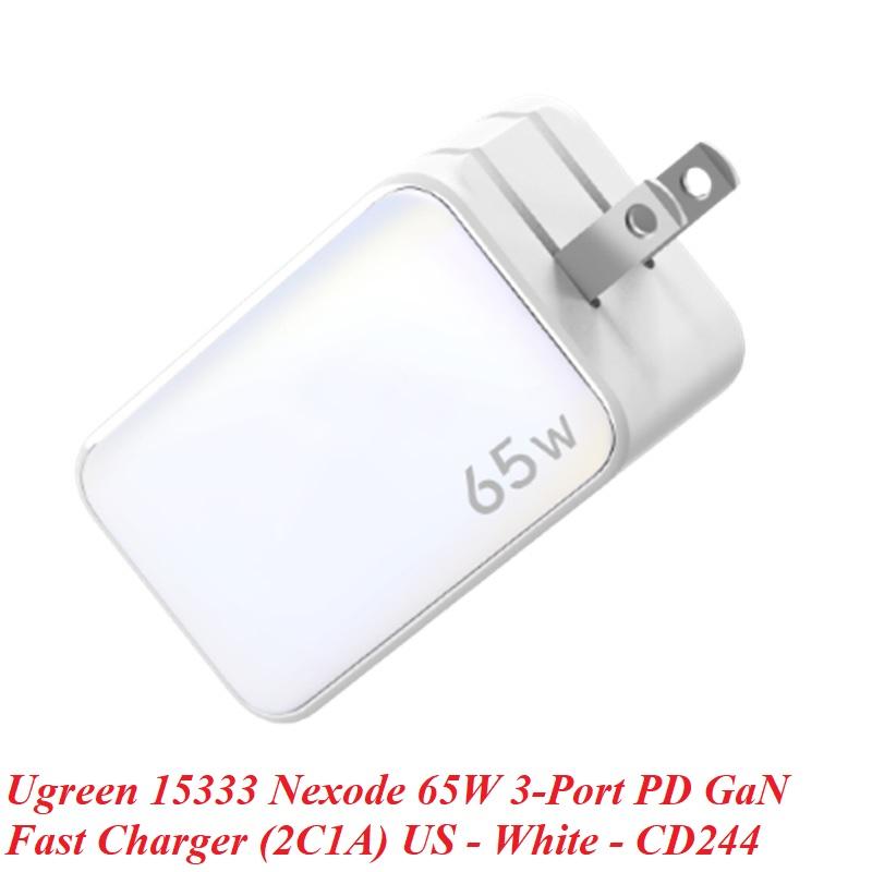 Ugreen UG15333CD244TK 65W Bộ sạc nhanh Nexode GaN 2 cổng USB Type-C + USB-A Màu Trắng chuẩn cắm US - HÀNG CHÍNH HÃNG