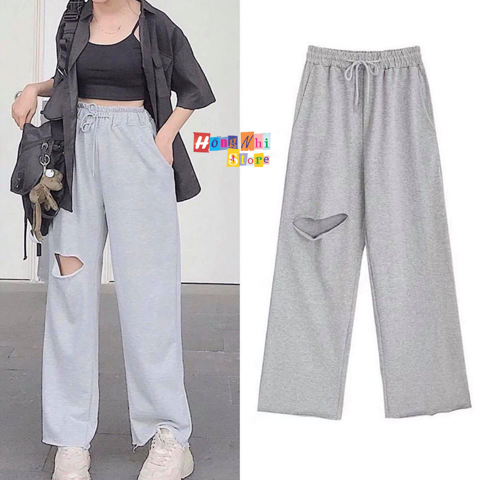 Quần Ống Rộng Rách Gối Màu Xám- Quần Ống Rộng Lưng Thun Rách Gối Unisex - MM