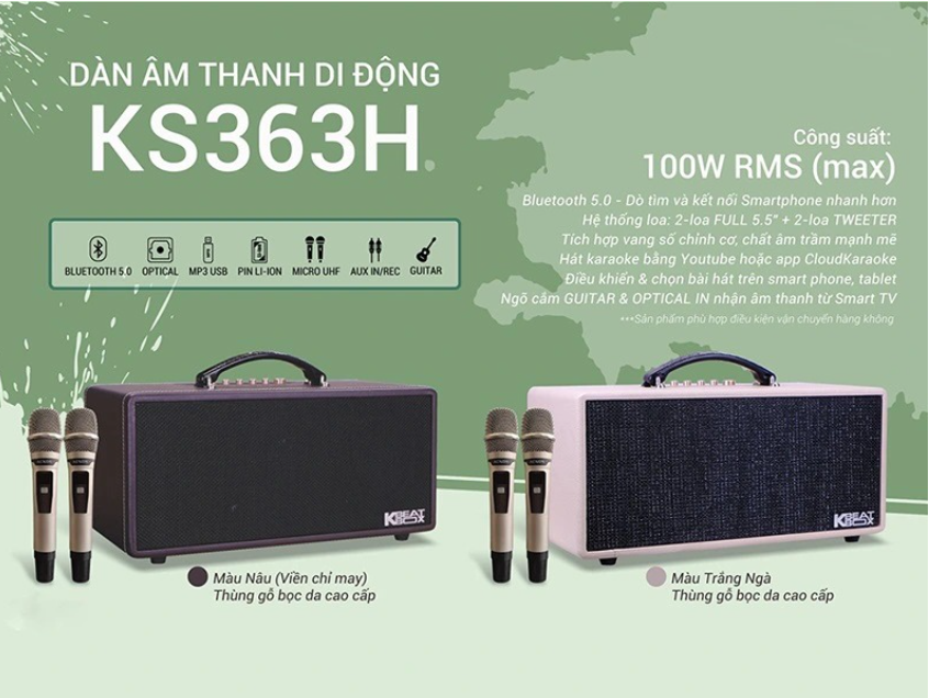 Loa Kéo Karaoke Acnos KS363H - Công Suất 100W - Kèm 2 Micro Không Dây - Hàng Chính Hãng