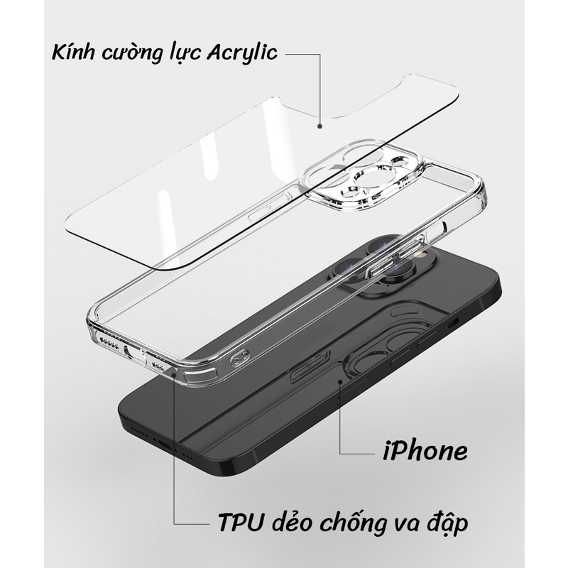 Ốp lưng kính trong suốt Cao Cấp không ố chống xước tuyệt đối dành cho iphone 14 Promax, iphone 14 Max, iphone 13 promax, iphone 12 Promax_A129
