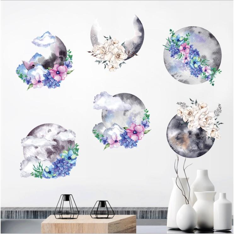 Decal dán tường trang trí - TRANH HOA TÍM TRĂNG HUYỀN ẢO