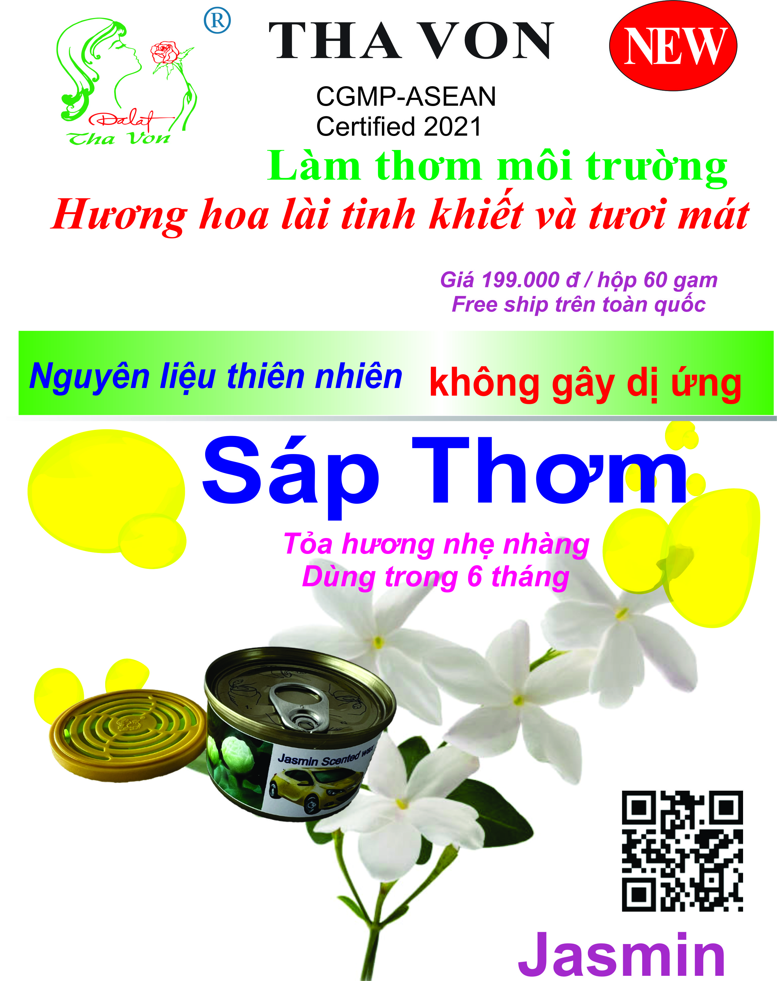 Sáp Thơm Hương Hoa Lài Tha Von  60 gam Hương hoa lài tinh khiết và tươi mát , thư giản khi lái xe