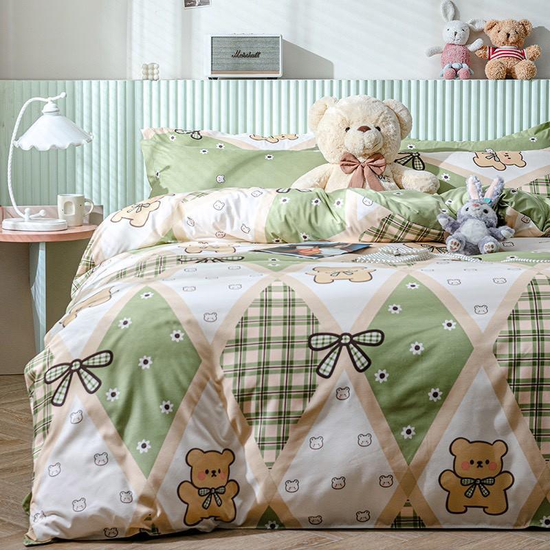 Bộ chăn ga gối Cotton poly M2T bedding Gấu nơ xanh lá, vỏ chăn mền, drap nệm và 2 vỏ gối