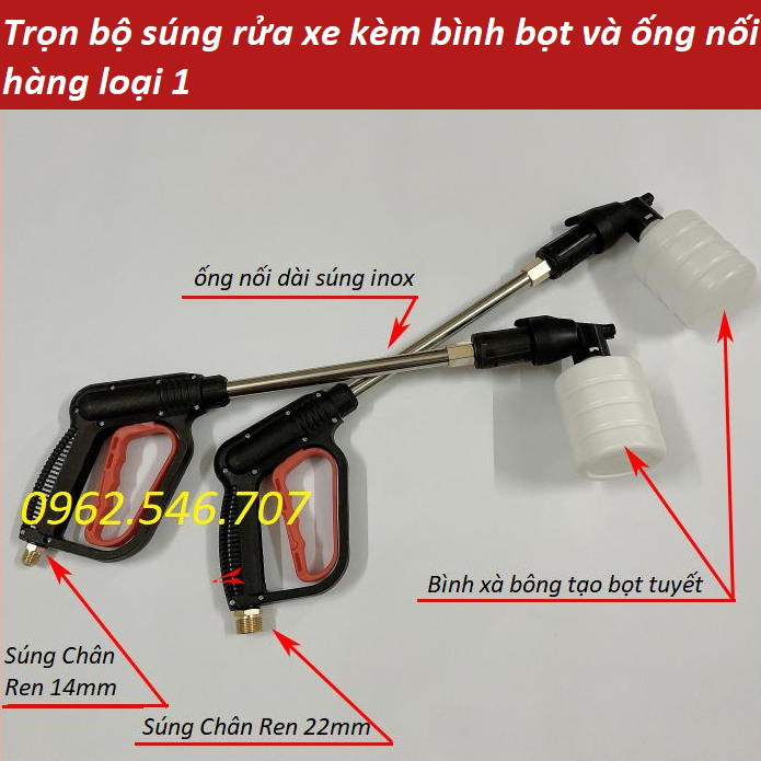 Bộ súng rửa xe và bình phun tạo bọt tuyết cao áp cho máy rửa xe áp lực cao ren 14mm,22mm