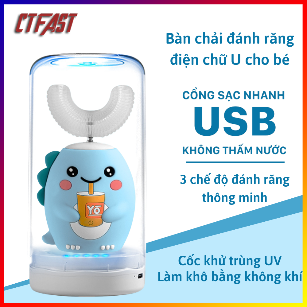 Bàn Chải Vệ Sinh Răng Miệng Tự Động Cho Bé Ctfast K10, Bàn Chải Điện Chữ U Làm Sạch 3 Chế Độ, An Toàn Chống Nước - Màu Xanh Dương - Có Cốc