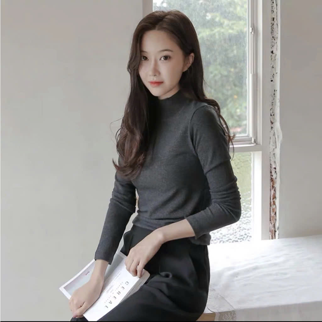 Áo thun giữ nhiệt nữ tay dài cổ cao 3 phân vải premium cotton mềm mịn ôm dáng MÀU ĐEN Văn Phòng Du Lịch Dã Ngoại Phượt