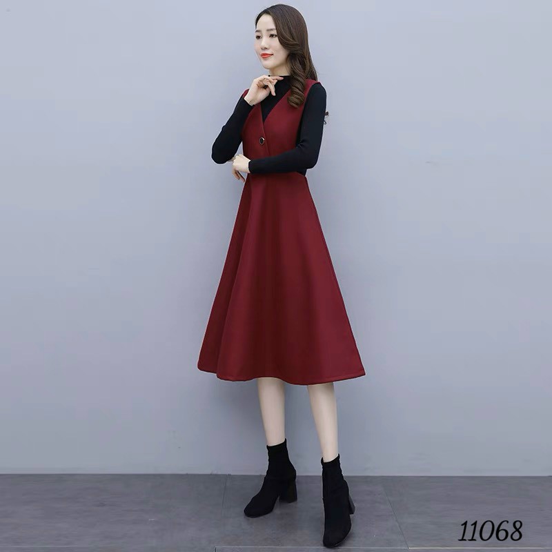 Đầm váy nữ vest dự tiệc công sở đỏ đen phối thun gân dài tay sang trọng