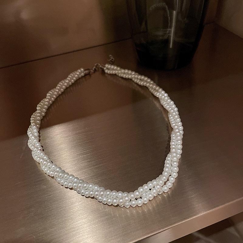 N410 choker vòng cổ hạt Trai, dây chuyền hạt bẹt dây chuyền mang áo dài 3 sợi hạt 6mm xoắn, sang trọng cho nữ
