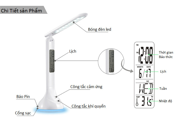 Đèn học để bàn bảo vệ mắt cảm ứng chạm tích hợp đồng hồ hiển thị thời gian, nhiệt độ ở thân đèn cao cấp ( Tặng bộ 6 con bướm dạ quang phát sáng ngẫu nhiên )