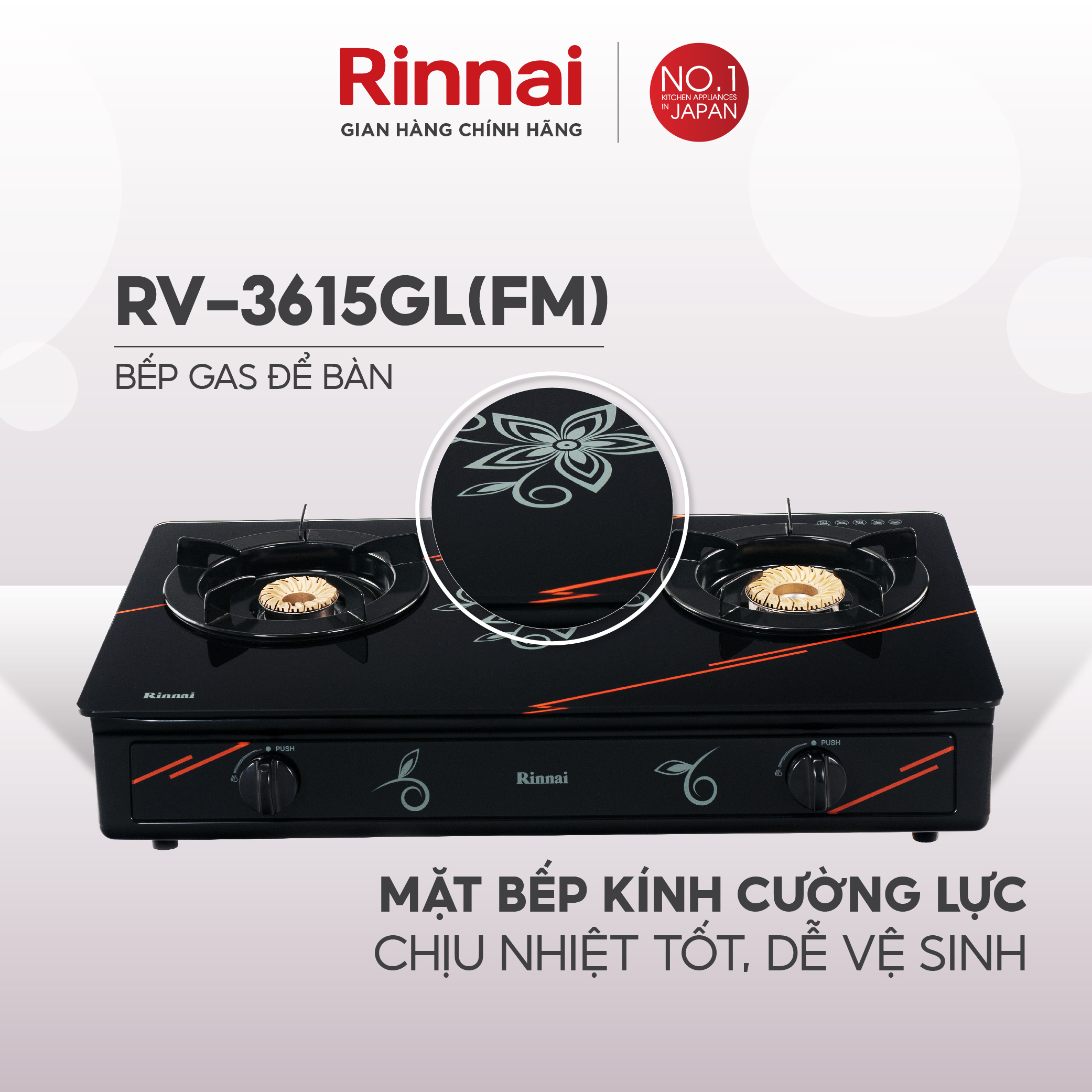 Bếp gas dương Rinnai RV-3615GL(FM) mặt bếp kính và kiềng bếp men - Hàng chính hãng.