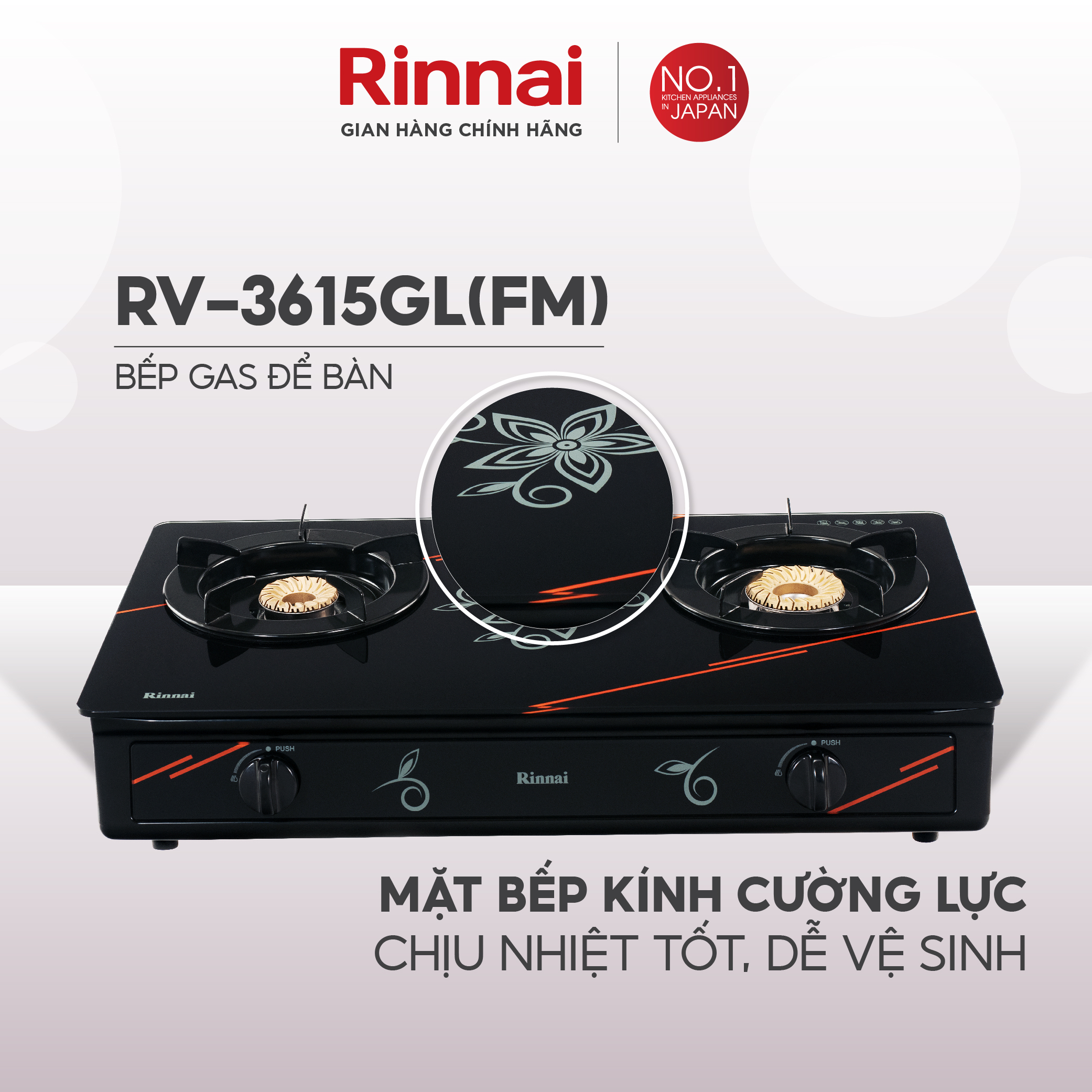 Bếp gas dương Rinnai RV-3615GL mặt bếp kính và kiềng bếp men - Hàng chính hãng.
