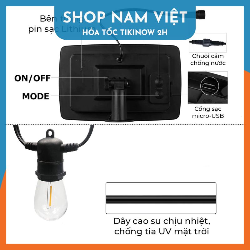 Dây Đèn LED Edison S14 Năng Lượng Mặt Trời Chống Nước Trang Trí Ngoài Trời - Chính Hãng NAVIVU