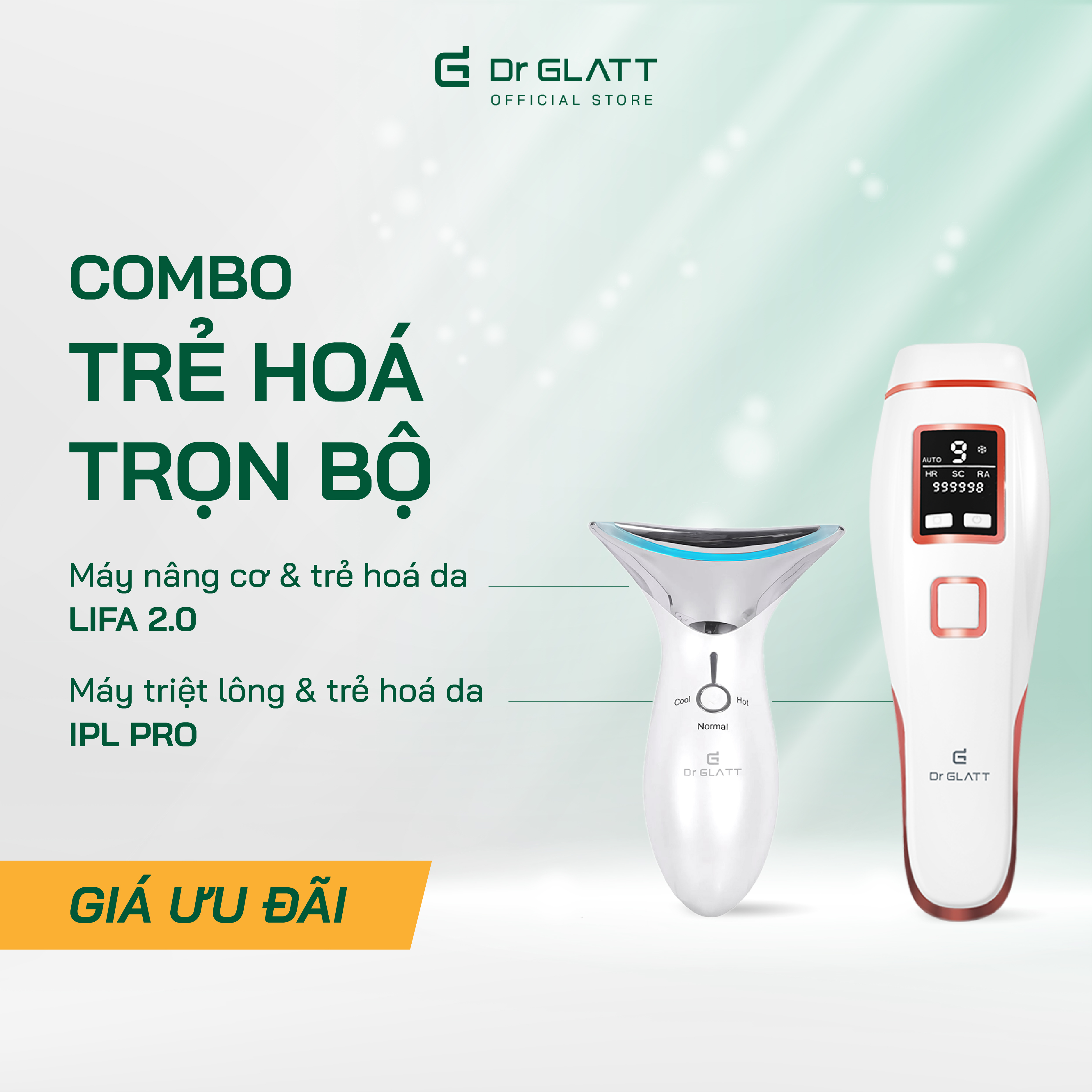 Set máy triệt lông mini đa năng và máy massage mặt - triệt lông vĩnh viễn, nâng cơ chống nhăn, tăng sinh collagen DR GLATT