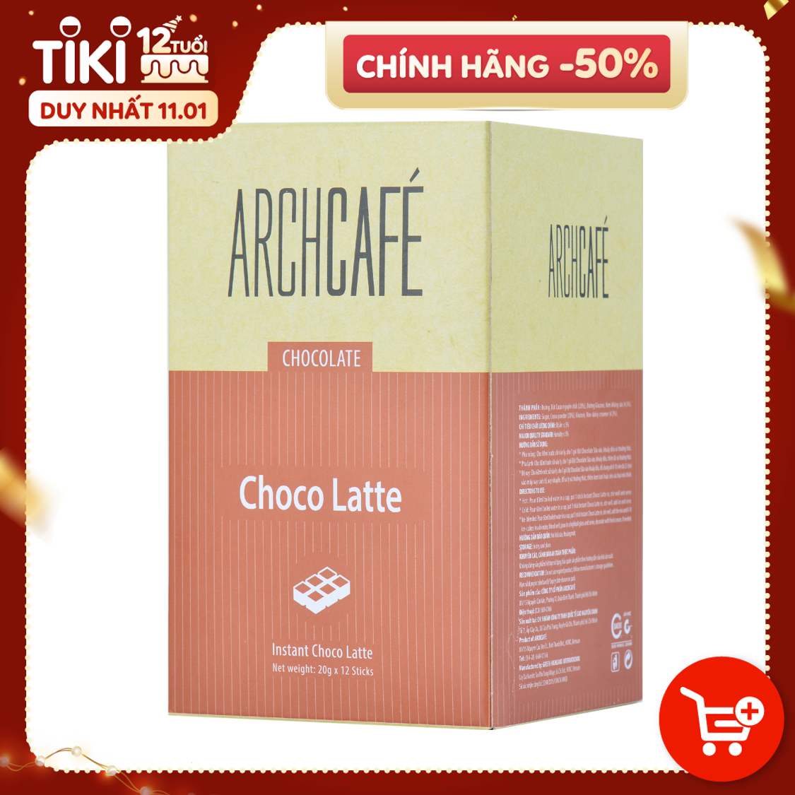 Chocolate Sữa - Choco Cacao Sô cô la hoà tan Archcafé (hộp 12 gói x 20g)